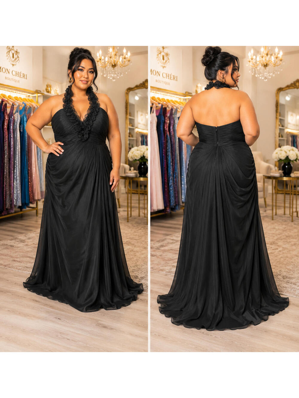 Charlize by 2Be Social Black Ruched Halter Evening Gown Plus Size 16 Formal $750
